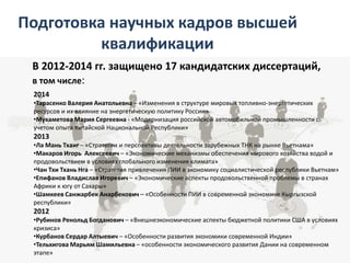 Подготовка научных кадров высшей
квалификации
В 2012-2014 гг. защищено 17 кандидатских диссертаций,
в том числе:
2014
•Тарасенко Валерия Анатольевна – «Изменения в структуре мировых топливно-энергетических
ресурсов и их влияние на энергетическую политику России»
•Мухаметова Мария Сергеевна - «Модернизация российской автомобильной промышленности с
учетом опыта Китайской Национальной Республики»
2013
•Ла Мань Тхаиг – «Стратегии и перспективы деятельности зарубежных ТНК на рынке Вьетнама»
•Макаров Игорь Алексеевич – «Экономические механизмы обеспечения мирового хозяйства водой и
продовольствием в условиях глобального изменения климата»
•Чан Тхи Тхань Нга – «Стратегия привлечения ПИИ в экономику социалистической республики Вьетнам»
•Епифанов Владислав Игоревич – «Экономические аспекты продовольственной проблемы в странах
Африки к югу от Сахары»
•Шамкеев Санжарбек Анарбекович – «Особенности ПИИ в современной экономике Кыргызской
республики»
2012
•Рубинов Ренольд Богданович – «Внешнеэкономические аспекты бюджетной политики США в условиях
кризиса»
•Курбанов Сердар Алтыевич – «Особенности развития экономики современной Индии»
•Тельхигова Марьям Шамильевна – «особенности экономического развития Дании на современном
этапе»
 
