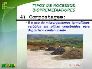 TIPOS DE ROCESSOSTIPOS DE ROCESSOS
BIORREMEDIADORESBIORREMEDIADORES
4) Compostagem:
É o uso de microrganismos termofílicos
aeróbios em pilhas construídas para
degradar o contaminante.
 