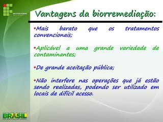 Vantagens da biorremediação:Vantagens da biorremediação:
Mais barato que os tratamentos
convencionais;
Aplicável a uma grande variedade de
contaminantes;
De grande aceitação pública;
Não interfere nas operações que já estão
sendo realizadas, podendo ser utilizado em
locais de difícil acesso.
 