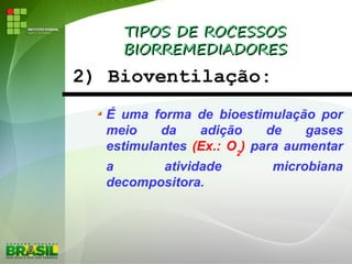 TIPOS DE ROCESSOSTIPOS DE ROCESSOS
BIORREMEDIADORESBIORREMEDIADORES
2) Bioventilação:
É uma forma de bioestimulação por
meio da adição de gases
estimulantes (Ex.: O2
) para aumentar
a atividade microbiana
decompositora.
 