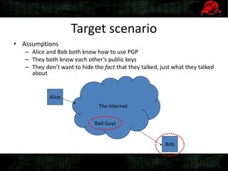Target scenario
• Assumptions
– Alice and Bob both know how to use PGP
– They both know each other’s public keys
– They don’t want to hide the fact that they talked, just what they talked
about
The Internet
Alice
Bob
Bad Guys
 