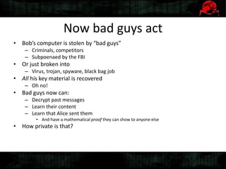 Now bad guys act
• Bob’s computer is stolen by “bad guys”
– Criminals, competitors
– Subpoenaed by the FBI
• Or just broken into
– Virus, trojan, spyware, black bag job
• All his key material is recovered
– Oh no!
• Bad guys now can:
– Decrypt past messages
– Learn their content
– Learn that Alice sent them
• And have a mathematical proof they can show to anyone else
• How private is that?
 