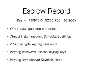 Escrow Record
Key ← PBKDF2-SHA256(iCSC, 10’000)
• Ofﬂine iCSC guessing is possible
• Almost instant recovery [for default settings]
• iCSC decrypts keybag password
• Keybag password unlocks keybag keys
• Keybag keys decrypt Keychain items
 