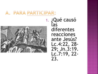 1. ¿Qué causó
las
diferentes
reacciones
ante Jesús?
Lc.4:22, 28-
29; Jn.3:19.
Lc.7:19, 22-
23.
 