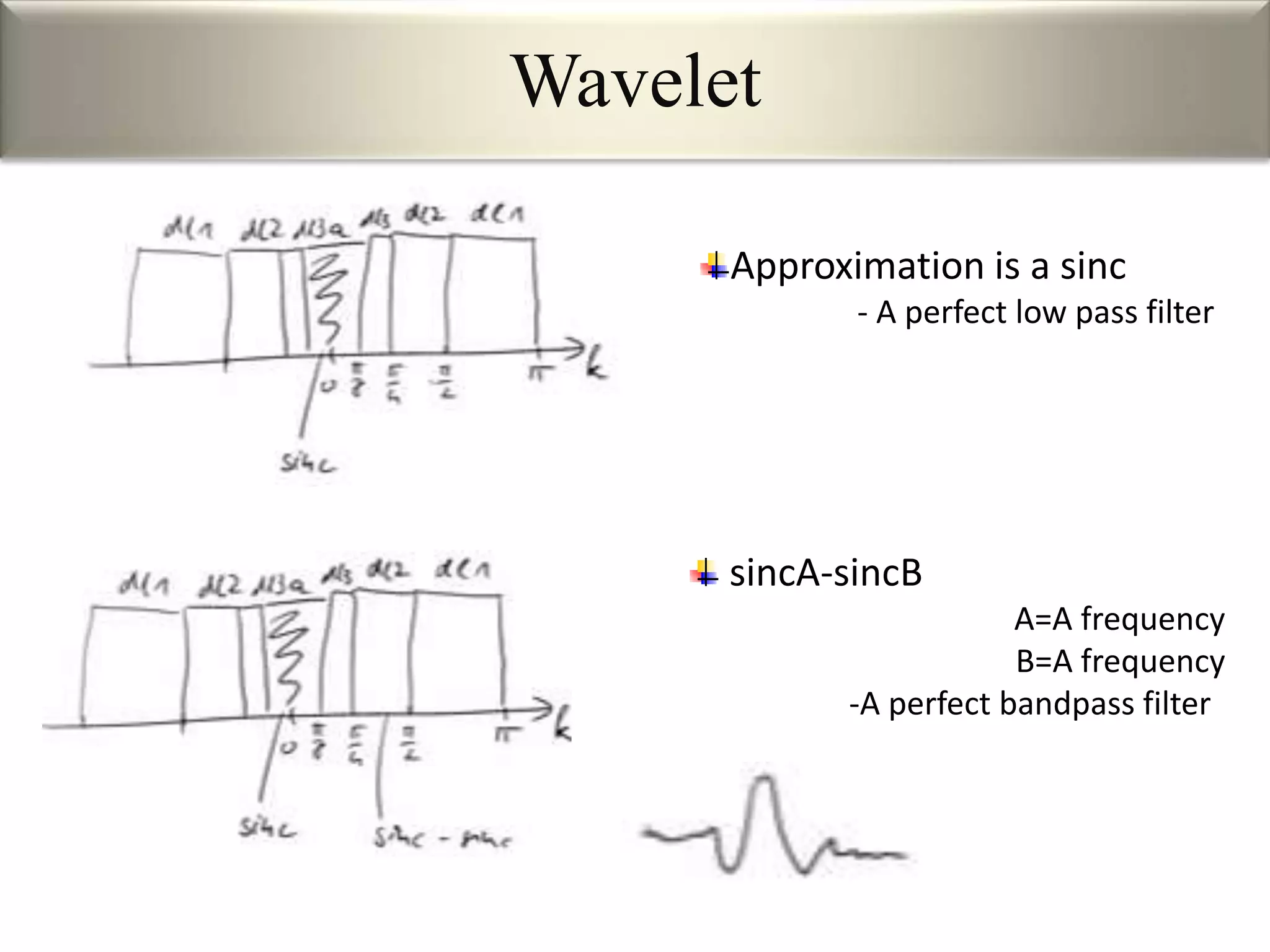 Wavelet
Approximation is a sinc
- A perfect low pass filter
sincA-sincB
A=A frequency
B=A frequency
-A perfect bandpass filter
 