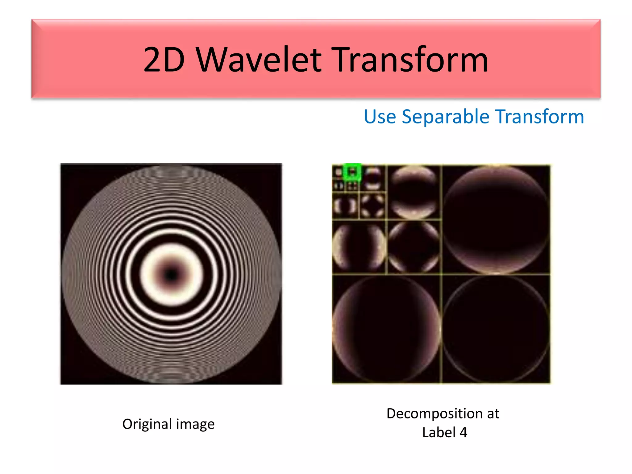 Use Separable Transform
2D Wavelet Transform
Decomposition at
Label 4
Original image
 