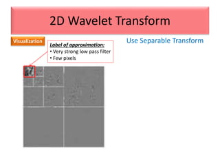 Use Separable Transform
2D Wavelet Transform
Visualization
Label of approximation:
• Very strong low pass filter
• Few pixels
 