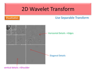 Use Separable Transform
2D Wavelet Transform
Visualization
vertical details ->Shoulder
Horizontal Details ->Edges
Diagonal Details
 