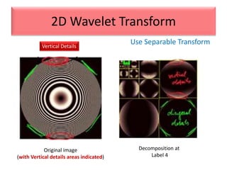 Use Separable Transform
2D Wavelet Transform
Vertical Details
Decomposition at
Label 4
Original image
(with Vertical details areas indicated)
 