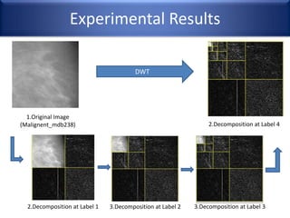 Experimental Results
DWT
1.Original Image
(Malignent_mdb238) 2.Decomposition at Label 4
2.Decomposition at Label 1 3.Decomposition at Label 2 3.Decomposition at Label 3
 