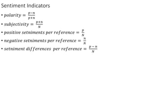Sentiment Indicators
• 𝑝𝑜𝑙𝑎𝑟𝑖𝑡𝑦 =
𝑝−𝑛
𝑝+𝑛
• 𝑠𝑢𝑏𝑗𝑒𝑐𝑡𝑖𝑣𝑖𝑡𝑦 =
𝑝+𝑛
𝑁
• 𝑝𝑜𝑠𝑖𝑡𝑖𝑣𝑒 𝑠𝑒𝑡𝑛𝑖𝑚𝑒𝑛𝑡𝑠 𝑝𝑒𝑟 𝑟𝑒𝑓𝑒𝑟𝑒𝑛𝑐𝑒 =
𝑝
𝑁
• 𝑛𝑒𝑔𝑎𝑡𝑖𝑣𝑒 𝑠𝑒𝑡𝑛𝑖𝑚𝑒𝑛𝑡𝑠 𝑝𝑒𝑟 𝑟𝑒𝑓𝑒𝑟𝑒𝑛𝑐𝑒 =
𝑛
𝑁
• 𝑠𝑒𝑡𝑛𝑖𝑚𝑒𝑛𝑡 𝑑𝑖𝑓𝑓𝑒𝑟𝑒𝑛𝑐𝑒𝑠 𝑝𝑒𝑟 𝑟𝑒𝑓𝑒𝑟𝑒𝑛𝑐𝑒 =
𝑝 − 𝑛
𝑁
 