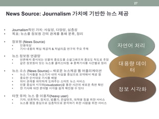 News Source: Journalism 가치에 기반한 뉴스 제공
• Journalism적인 가치: 사실성, 다양성, 심층성
• 목표: 뉴스를 정보원 간의 관계를 통해 분류, 정리
• 정보원 (News Source)
• 인용대상
• 기사 내용의 핵심 제공자 & 저널리즘 연구의 주요 주제
• 뉴스 정보원 연결망
• 언론에서 중시되는 인물의 중요도를 소셜그래프의 중요도 척도로 추정
• 같은 정보원이 있는 뉴스를 클러스터링  중복기사를 사건별로 정리
• 뉴스 소스 (News Source) – 새로운 뉴스제공 웹 어플리케이션
• 뉴스 기사들을 뉴스기사 내의 사실을 중심으로 요약해서 제공 함
• 중요한 순서대로 기사를 배열
• 의미 관계를 파악하게 도와주는 스마트 뉴스 서비스
• 인물 중심의 시각화(visualization)을 통한 사건의 새로운 측면 확인
• 한 기사에 대한 분야별 시각을 쉽게 확인할 수 있다
• 타겟 유저: 뉴스 중 이용자(heavy user)
• 기자, 언론학자, 정치인, 법률가, 컨설턴트, 대학생 등을 위한 서비스
• 뉴스를 쟁점 중심으로 심층적으로 분석하기 위한 사람을 위한 서비스
자연어 처리
대용량 데이
터
정보 시각화
27
 