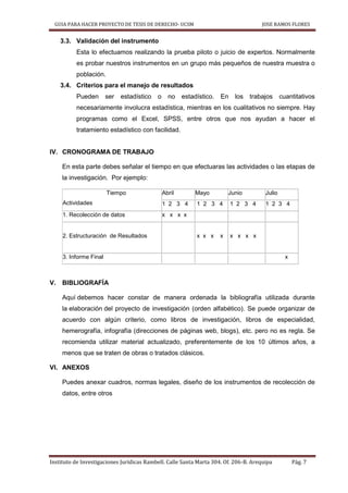 GUIA PARA HACER PROYECTO DE TESIS DE DERECHO- UCSM JOSE RAMOS FLORES
Instituto de Investigaciones Jurídicas Rambell. Calle Santa Marta 304. Of. 206-B. Arequipa Pág. 7
3.3. Validación del instrumento
Esta lo efectuamos realizando la prueba piloto o juicio de expertos. Normalmente
es probar nuestros instrumentos en un grupo más pequeños de nuestra muestra o
población.
3.4. Criterios para el manejo de resultados
Pueden ser estadístico o no estadístico. En los trabajos cuantitativos
necesariamente involucra estadística, mientras en los cualitativos no siempre. Hay
programas como el Excel, SPSS, entre otros que nos ayudan a hacer el
tratamiento estadístico con facilidad.
IV. CRONOGRAMA DE TRABAJO
En esta parte debes señalar el tiempo en que efectuaras las actividades o las etapas de
la investigación. Por ejemplo:
Tiempo
Actividades
Abril Mayo Junio Julio
1 2 3 4 1 2 3 4 1 2 3 4 1 2 3 4
1. Recolección de datos x x x x
2. Estructuración de Resultados x x x x x x x x
3. Informe Final x
V. BIBLIOGRAFÍA
Aquí debemos hacer constar de manera ordenada la bibliografía utilizada durante
la elaboración del proyecto de investigación (orden alfabético). Se puede organizar de
acuerdo con algún criterio, como libros de investigación, libros de especialidad,
hemerografía, infografía (direcciones de páginas web, blogs), etc. pero no es regla. Se
recomienda utilizar material actualizado, preferentemente de los 10 últimos años, a
menos que se traten de obras o tratados clásicos.
VI. ANEXOS
Puedes anexar cuadros, normas legales, diseño de los instrumentos de recolección de
datos, entre otros
 