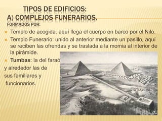 TIPOS DE EDIFICIOS:
A) COMPLEJOS FUNERARIOS.
FORMADOS POR:
 Templo de acogida: aquí llega el cuerpo en barco por el Nilo.
 Templo Funerario: unido al anterior mediante un pasillo, aquí
se reciben las ofrendas y se traslada a la momia al interior de
la pirámide.
 Tumbas: la del faraón
y alrededor las de
sus familiares y
funcionarios.
 