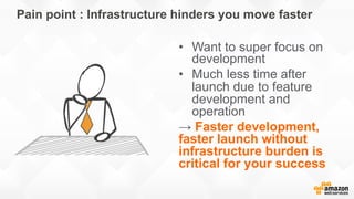 Pain point : Infrastructure hinders you move faster
•  Want to super focus on
development
•  Much less time after
launch d...