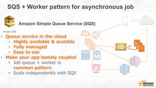 SQS + Worker pattern for asynchronous job
•  Queue  service  in  the  cloud
•  Highly  available  &  scalable
•  Fully  ma...