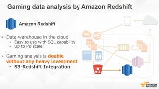 Gaming data analysis by Amazon Redshift
•  Data  warehouse  in  the  cloud
•  Easy  to  use  with  SQL  capability
•  Up  ...