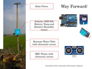 Solar Power
Arduino, SIM 900,
Battery, Temp and
Relative Humidity
sensor
Bowman Water Tube
with ultrasonic sensor
RBC Flume with
ultrasonic sensor
ClimaAdapt Project, Kondrapole, Miryalaguda, Nalgonda
Way Forward:
 