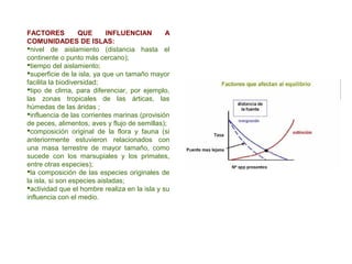 FACTORES QUE INFLUENCIAN A
COMUNIDADES DE ISLAS:
nivel de aislamiento (distancia hasta el
continente o punto más cercano);
tiempo del aislamiento;
superficie de la isla, ya que un tamaño mayor
facilita la biodiversidad;
tipo de clima, para diferenciar, por ejemplo,
las zonas tropicales de las árticas, las
húmedas de las áridas ;
influencia de las corrientes marinas (provisión
de peces, alimentos, aves y flujo de semillas);
composición original de la flora y fauna (si
anteriormente estuvieron relacionados con
una masa terrestre de mayor tamaño, como
sucede con los marsupiales y los primates,
entre otras especies);
la composición de las especies originales de
la isla, si son especies aisladas;
actividad que el hombre realiza en la isla y su
influencia con el medio.
 