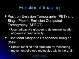 Psychology: An Introduction
Charles A. Morris & Albert A. Maisto
© 2005 Prentice Hall
Functional Imaging
Positron Emission Tomography (PET) and
Single Photon Emission Computed
Tomography (SPECT)
Use radioactive glucose to determine location
of greatest brain activity
Functional Magnetic Resonance Imaging
(fMRI)
Shows function and structure by measuring
movement of blood molecules within the brain
 