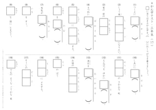 の
　
ぼ
う
て
　
つ
に
　
メ
モ
す
る
。
て
　
　
　
ち
ょ
う
そ
う
じ
の
ど
　
う
　
　
ぐ
き
ゅ
う
で
ん
の
　
よ
う
な
　
ご
う
か
な
　
家
（
　
）
お
　
　
と
　
　
す
え
ん
ぴ
つ
を
　
ゆ
か
に
。
の
　
さ
か
ん
な
　
町
の
　
う
　
ぎ
ょ
う
な
　
話
に
　
と
ま
ど
う
。
き
ゅ
う
し
あ
い
に
（
　
）
ま
　
　
け
　
　
る
。
天
気
が
（
　
）
わ
　
　
る
　
　
い
。
（
　
）
の
　
　
む
。
をを
　
す
う
。
い
　
き
く
す
り
＊
か
ん
字
テ
ス
ト
・
三
年
生
（
　
　
）17
に
当
て
は
ま
る
か
ん
字
を
、
に
お
く
り
が
な
を
書
き
ま
し
ょ
う
。
（
　
）
こ
の
プ
リ
ン
ト
は
ウ
ェ
ブ
サ
イ
ト
で
無
料
ダ
ウ
ン
ロ
ー
ド
で
き
ま
す
。
小
学
生
の
学
習
教
材
【
チ
ビ
む
す
ド
リ
ル
】
（10）（11）（12）（13）（14）（15）（16）（17）（18）
（1）（2）（3）（4）（5）（6）（7）（8）（9） つ
く
え
に
（
　
）
む
　
　
か
　
　
う
。
家
の
　
前
の
で
　
ん
　
ち
ゅ
う
に
け
　
っ　
　
し
ょ
う
す
る
。
　
し
　
ん
　
　
し
ゅ
つ に
な
り
た
い
。
し
ょ
う
来 ら
い
し
　
　
　
　
か
　
　
　
　
い
お
話
の
し
　
ゅ
　
　
じ
　
ん
　
　
こ
　
う
（
　
）
ば
　
　
か
　
　
さ
　
　
れ
　
　
る
き
つ
ね
に
。
（
　
）
お
　
　
い
　
　
か
　
　
け
　
　
る
流
行
を
り
ゅ
う
こ
う
。
 