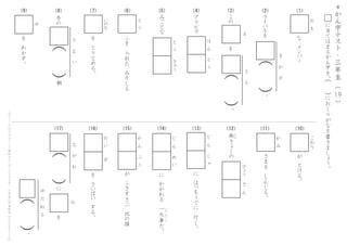 に
　
は
つ
も
う
で
に
　
行
く
。
じ
　
ん
　
　
じ
　
ゃ
に
　
か
か
わ
る
　
一
大
事
だ
。
い
ち
だ
い
じ
じ
　
ん
　
　
め
　
い
が
　
ふ
き
す
さ
ぶ
　
北
の
国
か
　
ん
　
　
ぷ
　
う
さ
ま
を
　
し
ん
じ
る
。
が
　
と
け
る
。
こ
お
り
か
　
み
ひ
ょ
う
　
ざ
　
ん
南
き
ょ
く
の
な
ん
を
　
わ
か
す
。
ゆ
を
　
と
り
と
め
る
。
い
の
ち
＊
か
ん
字
テ
ス
ト
・
三
年
生
（
　
　
）19
に
当
て
は
ま
る
か
ん
字
を
、
に
お
く
り
が
な
を
書
き
ま
し
ょ
う
。
（
　
）
こ
の
プ
リ
ン
ト
は
ウ
ェ
ブ
サ
イ
ト
で
無
料
ダ
ウ
ン
ロ
ー
ド
で
き
ま
す
。
小
学
生
の
学
習
教
材
【
チ
ビ
む
す
ド
リ
ル
】
（10）（11）（12）（13）（14）（15）（16）（17)
（1）（2）（3）（4）（5）（6）（7）（8）（9） ラ
イ
バ
ル
を
（
　
）
ま
　
　
か
　
　
す
。
こ
の
を
（
　
）
さ
　
　
る
。
よ
を
（
　
）
な
　
　
が
　
　
れ
に
（
　
）
ゆ
　
だ
　
ね
　
る
。
み
冬
の
（
　
）
さ
　
　
む
　
　
い
朝
な
　
メ
ン
バ
ー
お
　
も
ふ
を
　
入
れ
た
　
み
そ
し
る
と
　
う
ア
ラ
ビ
ア
は
　
ん
　
　
と
　
う
み
ご
と
な
と
　
う
　
　
き
ゅ
う
を
　
さ
い
ば
い
　
す
る
。
だ
　
い
　
　
　
ず
 