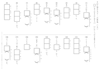 に
　
の
る
。
小
鳥
を
　
空
に
。
は
　
　
な
　
　
す
（
　
）
け
っこ
ん
を
こ
む
。
も
　
　
う
　
　
し
（
　
）
り
ん
ご
の
を
　
む
く
。
か
　
わ
し
ょ
う
ぼ
う
車
が
す
る
。
ほ
　
う
　
　
す
　
い
さ
い
た
ま
け
　
ん
　
き
　
　
ご
　
う
そ
　
う
　
だ
　
ん
の
　
チ
ー
ム
や
　
　
　
き
ゅ
う
が
　
っ　
　
き
ゅ
う
　
　
か
　
い
と
　
　
　
し
　
ょ
　
　
か
　
ん
し
ば
ら
く
を
　
み
る
。
よ
　
う
　
　
す
じ
て
ん
で
。
し
　
　
ら
　
　
べ
　
　
る
（
　
）
ふ
く
そ
う
を
。
と
　
と
　
の
　
え
　
る
（
　
）
村
の
　
お
ま
　
　
つ
　
　
り
（
　
）
花
を
。
そ
　
　
だ
　
　
て
　
　
る
（
　
）
＊
か
ん
字
テ
ス
ト
・
三
年
生
（
　
　
）4
に
当
て
は
ま
る
か
ん
字
を
、
に
お
く
り
が
な
を
書
き
ま
し
ょ
う
。
（
　
）
こ
の
プ
リ
ン
ト
は
ウ
ェ
ブ
サ
イ
ト
で
無
料
ダ
ウ
ン
ロ
ー
ド
で
き
ま
す
。
小
学
生
の
学
習
教
材
【
チ
ビ
む
す
ド
リ
ル
】
（10）（11）（12）（13）（14）（15）（16）（17）（18）
（1）（2）（3）（4）（5）（6）（7）（8）（9） 本
の
ひ
ょ
う
　
　
し な
　
人
ゆ
　
う
　
　
め
　
い
（
　
）
は
り
が
ね
を
。
ま
　
　
げ
　
　
る
 
