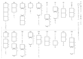 強
い
が
　
ホ
ー
ム
ラ
ン
に
　
な
る
。
夏
あ
　
　
つ
　
　
い
（
　
）
く
　
　
る
　
　
し
　
　
む
（
　
）
が
　
こ
お
る
。
の
を
よ
　
う
　
　
ふ
　
くひ
ょ
う
　
め
　
ん
み
ず
う
み
び
ん
ぼ
う
な
　
生
活
に
。
き
　
　
る
（
　
）。
だ
　
　
　
き
ゅ
う
ラ
ジ
オ
ほ
　
う
　
そ
　
う
の
中
く
ら
し
や
す
い
よ
に
　
行
く
。
に
え
ら
ば
れ
る
。
び
ょ
う
　
　
い
　
ん
に
　
　
　
も
　
つ
生
ま
れ
し
ょ
う
　
　
わ
し
（
　
）
か
　
　
る
　
　
い
（
　
）
う
れ
し
い
き
　
　
も
　
　
ち
（
　
）
気
に
　
な
ら
な
い
。
を
　
書
く
。
ま
　
　
っ　
　
た
　
　
く
が
　
っ　
　
き
ゅ
う
　
　
　
い
　
　
　
い
　
ん
＊
か
ん
字
テ
ス
ト
・
三
年
生
（
　
　
）6
に
当
て
は
ま
る
か
ん
字
を
、
に
お
く
り
が
な
を
書
き
ま
し
ょ
う
。
（
　
）
こ
の
プ
リ
ン
ト
は
ウ
ェ
ブ
サ
イ
ト
で
無
料
ダ
ウ
ン
ロ
ー
ド
で
き
ま
す
。
小
学
生
の
学
習
教
材
【
チ
ビ
む
す
ド
リ
ル
】
（10）（11）（12）（13）（14）（15）（16）（17）（18）
（1）（2）（3）（4）（5）（6）（7）（8）（9） 時
間
を
す
る
。
ち
ょ
う
　
せ
　
い
こ
と
ば
の
い
　
　
　
　
み
（
　
）
犬
が
　
く
さ
り
か
ら
。
は
　
　
な
　
　
れ
　
　
る
（
　
）
よ
く
食
べ
る
。
あ
　
じ
　
わ
　
っ　
て
 
