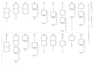 の
　
ハ
ン
カ
チ
ね
ら
い
を
。
さ
　
　
だ
　
　
め
　
　
る
（
　
）
う
　
つ
　
く
　
し
　
い
夏
休
み
の
が
へ
　
ん
　
　
　
じ
し
ゅ
く
　
だ
　
い 声
み
ど
り
　
い
　
ろ
の
　
へ
や
に
　
　
　
か
　
い
（
　
）か
　
　
え
　
　
っ　
　
て
く
る
。
（
　
）
＊
か
ん
字
テ
ス
ト
・
三
年
生
（
　
　
）9
に
当
て
は
ま
る
か
ん
字
を
、
に
お
く
り
が
な
を
書
き
ま
し
ょ
う
。
（
　
）
こ
の
プ
リ
ン
ト
は
ウ
ェ
ブ
サ
イ
ト
で
無
料
ダ
ウ
ン
ロ
ー
ド
で
き
ま
す
。
小
学
生
の
学
習
教
材
【
チ
ビ
む
す
ド
リ
ル
】
（10）（11）（12）（13）（14）（15）（16）（17）（18）
（1）（2）（3）（4）（5）（6）（7）（8）（9）
を
　
語
る
。
し
　
ん
　
　
じ
　
つ
お
　
や
　
　
ゆ
　
び
だ
ん
歩
道
お
　
う
た
つ
　
す
る
。
新
聞
を
は
　
い
す
る
。
バ
ス
に
じ
ょ
う
　
し
　
ゃ
ノ
ー
ト
を
。
あ
　
　
つ
　
　
め
　
　
る
（
　
）
木
を
。
う
　
　
え
　
　
る
（
　
）
み
そ
し
る
を
。
あ
　
た
　
た
　
め
　
る
（
　
）
切
った
　
ひ
ょ
う
じ
ょ
う
に
　
　
が
　
　
り
（
　
）
本
お
　
　
も
　
　
い
（
　
）
に
。
つ
　
　
け
　
　
る
（
　
）
み
が
き
ず
か
ら
。
な
　
　
が
　
　
れ
　
　
る
（
　
）
ち
 
