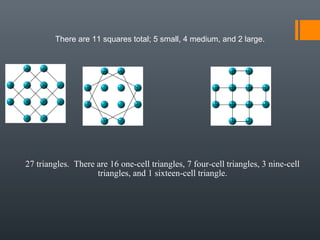There are 11 squares total; 5 small, 4 medium, and 2 large.
27 triangles. There are 16 one-cell triangles, 7 four-cell triangles, 3 nine-cell
triangles, and 1 sixteen-cell triangle.
 