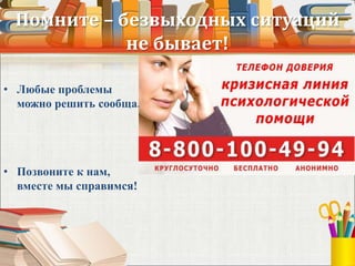 Помните – безвыходных ситуаций
не бывает!
• Любые проблемы
можно решить сообща.
• Позвоните к нам,
вместе мы справимся!
 