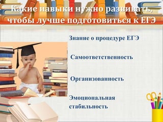 Какие навыки нужно развивать,
чтобы лучше подготовиться к ЕГЭ
Знание о процедуре ЕГЭ
Самоответственность
Организованность
Эмоциональная
стабильность
 