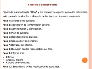 Siguiendo la metodología EDPAA y sin perjuicio de algunas pequeñas diferencias,
más que nada en el orden o el ámbito de las fases, el ciclo de vida quedaría:
Fase 1: Alcance de la auditoria.
Fase 2: Adquisición de la información general.
Fase 3: Administración y planificación.
Fase 4: Plan de auditoria.
Fase 5: Resultado de las pruebas.
Fase 6: Conclusión y comentarios.
Fase 7: Borrador del informe.
Fase 8: Discusión con los responsables del área.
Fase 9: Informe final.
 Informe
 Anexo al informe
 Carpeta de evidencias.
Fase 10: Seguimiento de las modificaciones acordadas.
 