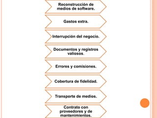 Reconstrucción de
medios de software.
Gastos extra.
Interrupción del negocio.
Documentos y registros
valiosos.
Errores y comisiones.
Cobertura de fidelidad.
Transporte de medios.
Contrato con
proveedores y de
mantenimientos.
 