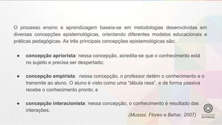 O processo ensino e aprendizagem baseia-se em metodologias desenvolvidas em
diversas concepções epistemológicas, orientando diferentes modelos educacionais e
práticas pedagógicas. As três principais concepções epistemológicas são:
● concepção apriorista: nessa concepção, acredita-se que o conhecimento está
no sujeito e precisa ser despertado;
● concepção empirista: nessa concepção, o professor detém o conhecimento e o
transmite ao aluno. O aluno é visto como uma “tábula rasa”, e de forma passiva
recebe o conhecimento pronto; e
● concepção interacionista: nessa concepção, o conhecimento é resultado das
interações.
(Mussoi, Flores e Behar, 2007)
 