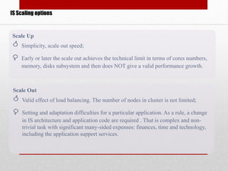 IS Scaling options
Scale Up
 Simplicity, scale out speed;
 Early or later the scale out achieves the technical limit in terms of cores numbers,
memory, disks subsystem and then does NOT give a valid performance growth.
Scale Out
 Valid effect of load balancing. The number of nodes in cluster is not limited;
 Setting and adaptation difficulties for a particular application. As a rule, a change
in IS architecture and application code are required . That is complex and non-
trivial task with significant many-sided expenses: finances, time and technology,
including the application support services.
 