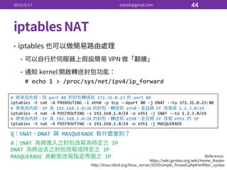 •
•
•
#  echo  1  >  /proc/sys/net/ipv4/ip_forward
#   port  80   172.31.0.23   port  80
iptables -­‐t  nat -­‐A  PREROUTING  -­‐i eth0  -­‐p  tcp -­‐-­‐dport 80  -­‐j  DNAT  -­‐-­‐to  172.31.0.23:80
#   IP   192.168.1.0/24   eth0 IP   1.2.3.0/24
iptables -­‐t  nat -­‐A  POSTROUTING  -­‐s  192.168.1.0/24  -­‐o  eth1  -­‐j  SNAT  -­‐-­‐to  1.2.3.0/24
#   IP   192.168.1.0/24   eth0 IP   eth1   IP
iptables  -­‐t  nat  -­‐A  POSTROUTING  -­‐s  192.168.1.0/24  -­‐o  eth1  -­‐j  MASQUERADE
Q SNAT DNAT   MASQUERADE  
A SNAT   IP
DNAT   IP
MASQUERADE   IP
 