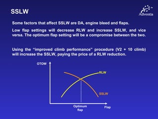 SSLW
Some factors that affect SSLW are DA, engine bleed and flaps.
Low flap settings will decrease RLW and increase SSLW, and vice
versa. The optimum flap setting will be a compromise between the two.
Using the “improved climb performance” procedure (V2 + 10 climb)
will increase the SSLW, paying the price of a RLW reduction.
Flap
OTOW
RLW
SSLW
Optimum
flap
 