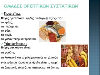  Πρωτεΐνες
Πηγές πρωτεϊνών υψηλής βιολογικής αξίας είναι:
το κρέας,
τα πουλερικά,
το ψάρι,
τα αυγά,
τα γαλακτοκομικά προϊόντα,
 Υδατάνθρακες
Πηγές σακχάρων είναι:
τα φρούτα,
τα λαχανικά και το μέλι(φρουκτόζη και γλυκόζη)
ενώ τρόφιμα πλούσια σε άμυλο είναι το ψωμί,
τα ζυμαρικά, το ρύζι, οι πατάτες και τα όσπρια
 