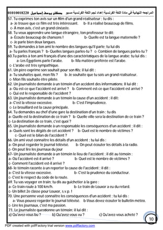 ‫اﻟﻤﺮاﺟﻌﮫ‬‫اﻟﻠﻐﺔ‬ ‫ﻣﺎدة‬ ‫ﻓﻲ‬ ‫اﻟﻨﮭﺎﺋﯿﺔ‬‫اﻟﻔﺮﻧﺴﯿﺔ‬‫ﻣﺴﯿﻮ‬ ‫اﻟﻔﺮﻧﺴﯿﺔ‬ ‫اﻟﻠﻐﺔ‬ ‫ﻧﺠﻢ‬ ‫إﻋﺪاد‬01010018220
10
57. Tu exprimes ton avis sur un ﬁlm d'un grand réalisateur ; tu dis :
a- Je trouve que ce film est très intéressant. b- II a réalisé beaucoup de films.
c- À mon avis, c'est un grand cinéaste.
58. Tu veux apprendre une langue étrangère, ton professeur te dit:
a- Écoute beaucoup de chansons ! b- Quelle est ta langue maternelle ?
c- Je parle bien deux langues.
59. Tu demandes à ton ami le nombre des langues qu'il parle; tu lui dis
a- Tu parles français ? b- Quelles langues parles-tu ? c- Combien de langues parles-tu ?
60.Tu parles à ton ami français d'une des caractéris ques de la langue arabe; tu lui dis :
a- Les Égyptiens parle l'arabe. b- Ma matière préférée est l'arabe.
c- L'arabe est très sympathique.
61. Un père exprime son souhait pour son ﬁls; il lui dit :
a- Tu souhaites quoi, mon fils ? b- Je souhaite que tu sois un grand réalisateur.
c- Mon fils souhaite être pilote.
62. Un journaliste demande à un témoin d'un accident des informa ons; Il lui dit :
a- Où est-ce que l'accident est arrivé ? b- Comment est-ce que l'accident est arrivé ?
c- Qui est le responsable de l'accident ?
63. Un journaliste demande à un témoin la cause d'un accident ; il dit:
a- C'est la vitesse excessive. b- C'est l'imprudence.
c- Le brouillard est la cause principale.
64. Tu demandes au chef d'une gare la destination d'un train ; tu dis
a- Quelle est la destination de ce train ? b- Quelle ville sera la destination de ce train ?
c- La destination de ce train, c'est quoi ?
65. Un journaliste demande à un responsable les conséquences d'un accident ; il dit :
a- Quels sont les dégâts de cet accident ? b- Quel est le nombre de victimes ?
c- Quel est le bilan de l'accident ?
66. Un ami veut connaître les détails d'un accident ; tu lui dis :
a- On peut regarder le journal télévisé. b- On peut écouter les détails à la radio.
c- On peut lire les journaux du jour
67- Un journaliste demande à un témoin le lieu de l'accident ; il dit au témoin :
a- Où l'accident est-il arrivé ? b- Quel est le nombre de victimes ?
c- Comment l'accident est-il arrivé ?
68- le témoin raconte à un reporter la cause de l'accident ; il dit :
a- C'est la vitesse excessive. b- C'est la prudence du conducteur.
c- C'est le respect du code de la route.
69. Tu vas voyager en train; tu dis au guichetier à la gare :
a- Ce train roule à 100 km/h. b- Le train de Louxor a eu du retard.
c- Un billet 2e classe pour Louxor, s.v.p. !
70. Une personne veut connaître les conséquences d'un accident ; tu lui dis :
a- Vous pouvez regarder le journal télévisé. b-Vous devez écouter le bulletin météo.
c- Lire les journaux, c'est ma passion.
71. Le journaliste ques onne un témoin; il lui dit :
a) Qu'avez-vous bu ? b) Qu'avez-vous vu ? c) Qu'avez-vous acheté ?
PDF created with pdfFactory trial version www.pdffactory.com
 