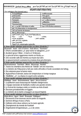 ‫اﻟﻤﺮاﺟﻌﮫ‬‫اﻟﻠﻐﺔ‬ ‫ﻣﺎدة‬ ‫ﻓﻲ‬ ‫اﻟﻨﮭﺎﺋﯿﺔ‬‫اﻟﻔﺮﻧﺴﯿﺔ‬‫ﻣﺴﯿﻮ‬ ‫اﻟﻔﺮﻧﺴﯿﺔ‬ ‫اﻟﻠﻐﺔ‬ ‫ﻧﺠﻢ‬ ‫إﻋﺪاد‬01010018220
16
‫اﻟﺠﺮاﺋﺪ‬ ‫أﺑﻮاب‬ ‫ﺳﺆال‬ ً‫ﺎ‬‫راﺑﻌ‬
-Les rubriques d'un journal sont ;-
politique.‫ﺳﯿﺎﺳﺔ‬٠ économie‫اﻗﺘﺼﺎد‬٠
société.‫ﻣﺠﺘﻤﻊ‬٠ sport.‫رﯾﺎﺿﺔ‬٠
sciences.‫ﻋﻠﻮم‬٠ médecine.‫ﻃﺐ‬٠
santé.‫ﺻﺤﺔ‬٠ art et lettre.‫دب‬ ‫أ‬ ‫و‬ ‫ﻓﻦ‬٠
décès.‫وﻓﯿﺎت‬٠ météo.‫ﻃﻘﺲ‬٠
tourisme.‫ﺳﯿﺎﺣﺔ‬٠ environnement.‫ﺑﯿﺌﺔ‬٠
Télévision et radio.‫ﺗﻠﯿﻔﺰﯾ‬‫رادﯾﻮ‬ ‫و‬ ‫ﻮن‬. Petites-annonces.‫ﻣﺒﻮﺑﺔ‬ ‫إﻋﻼﻧﺎت‬.
éducation et enseignement.‫ﺗﻌﻠﯿﻢ‬ ‫و‬ ‫ﺗﺮﺑﯿﺔ‬.
Courrier de lecteurs‫اﻟﻘﺮاء‬ ‫ﺑﺮﯾﺪ‬.
Horoscope .‫اﻟﺤﻆ‬ ‫ﺑﺮج‬٠
faits-divers."‫ﺟﺎرﯾﺔ‬ ‫أﺣﺪاث‬"‫اﻟﺘﺎﻟﯿﺔ‬ ‫اﻷﺣﺪاث‬ ‫وﯾﺸﻤﻞ‬:-
- crime.‫ﺟﺮﯾﻤﺔ‬٠- vol.‫ﺳﺮﻗﺔ‬٠
- suicide.‫اﻧﺘﺤﺎر‬٠- accidents.‫ﺣﻮادث‬٠
- exploits.‫ﻣﺄﺛﺮة‬/‫ﻋﻈﯿﻢ‬ ‫ﻋﻤﻞ‬٠
- incendie.‫ﺣﺮﯾﻖ‬٠
- catastrophe naturelle.‫ﻃﺒﯿﻌﯿﺔ‬ ‫ﻛﺎرﺛﺔ‬٠
ces titres d'articles ?on lire-Sous quelle rubrique peut-1
(Économie - Santé - Arts et Lettres - Faits divers - Tourisme)
1. Eﬀorts considérables‫ﻛﺒﯿﺮة‬ pour lutter le tabagisme.‫اﻟﺘﺪﺧﯿﻦ‬
2. Accident grave ! Bilan : 2 morts et 10 blessés.
‫ﺳﮭﻢ‬3. Le prix de la livre égyp enne monte en ﬂèche.
4. Une seconde salle de momies au musée du Caire.
5. Le gouvernement a annoncé la créa on d'un prix li éraire.
on lire ces titres d'articles ?-Sous quelle rubrique peut-2
(Environnement - Tourisme - Météo - Horoscope - Société)
1. Toutes les chambres des hôtels de "Dahab" ont été réservées.
2. Le ministre de l'Éduca on a fait une visite oﬃcielle à l'école secondaire de Sohag.
3. Des solu ons pour la fumée noire.
4. Aujourd'hui et demain, baisse de température et temps nuageux
5. TAUREAU ‫اﻟﺜﻮر‬ : La chance te sourit cette semaine.
on lire ces titres d'articles ?-Sous quelle rubrique peut-3
(Politique - Santé - Environnement - Sport - Arts et Lettres)
1. La pollu on cause beaucoup de maladies dangereuses.
2. L'équipe na onale de football a réalisé une grande victoire.
3. Le fes val de musique arabe se endra au mois d'août.
4. Élec ons présiden elles en Egypte.
5. Le ministre de la Santé a inauguré un nouvel hôpital.
on lire ces titres d'articles ?-Sous quelle rubrique peut-4
(Faits divers - Sport - Santé - Économie - Politique)
1. Découverte d'un nouveau vaccin contre la rougeole.
2. Sommet Afrique-France à Paris.
3. Collision entre deux voitures sur la route agricole.
4. Championnat du monde de Football
5. Organisa on d'exportateurs ‫ﺗﺼﺪﯾﺮ‬ de coton.
PDF created with pdfFactory trial version www.pdffactory.com
 
