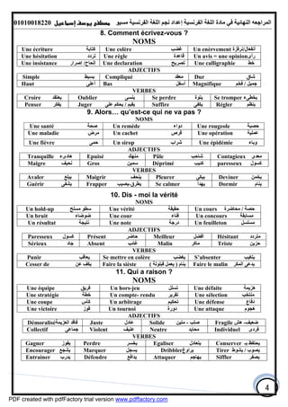 ‫اﻟﻤﺮاﺟﻌﮫ‬‫اﻟﻠﻐﺔ‬ ‫ﻣﺎدة‬ ‫ﻓﻲ‬ ‫اﻟﻨﮭﺎﺋﯿﺔ‬‫اﻟﻔﺮﻧﺴﯿﺔ‬‫ﻣﺴﯿﻮ‬ ‫اﻟﻔﺮﻧﺴﯿﺔ‬ ‫اﻟﻠﻐﺔ‬ ‫ﻧﺠﻢ‬ ‫إﻋﺪاد‬01010018220
4
8. Comment écrivez-vous ?
NOMS
Une écriture ‫ﻛﺘﺎﺑﺔ‬ Une colère ‫ﻏﻀﺐ‬ Un enèrvement ‫أﻧﻔﻌﺎل‬/‫ﻧﺮﻓﺰة‬
Une hésitation ‫ﺗﺮدد‬ Une règle ‫ﻗﺎﻋﺪة‬ Un avis = une opinion‫رأى‬
Une insistance ‫إﻟﺤﺎح‬/‫إﺻﺮار‬ Une declaration ‫ﺗﺼﺮﯾﺢ‬ Une calligraphie ‫ﺧﻂ‬
ADJECTIFS
Simple ‫ﺑﺴﯿﻂ‬ Compliqué ‫ﻣﻌﻘﺪ‬ Dur ‫ﺷﺎق‬
Haut ‫أﻋﻠﻰ‬ Bas ‫أﺳﻔﻞ‬ Magnifique ‫ﺟﻤﯿﻞ‬/‫ﻓﺨﻢ‬
VERBES
Croire ‫ﯾﻌﺘﻘﺪ‬ Oublier ‫ﯾﻨﺴﻰ‬ Se perdre ‫ﯾﺘﻮة‬ Se tromper ‫ﯾﺨﻄﻰء‬
Penser ‫ﯾﻔﻜﺮ‬ Juger ‫ﯾﻘﯿﻢ‬/‫ﻋﻠﻰ‬ ‫ﯾﺤﻜﻢ‬ Suffire ‫ﯾﻜﻔﻰ‬ Régler ‫ﯾﻨﻈﻢ‬
9. Alors… qu’est-ce qui ne va pas ?
NOMS
Une santé ‫ﺻﺤﺔ‬ Un remède ‫دواء‬ Une rougeole ‫ﺣﺼﺒﺔ‬
Une maladie ‫ﻣﺮض‬ Un cachet ‫ﻗﺮص‬ Une opération ‫ﻋﻤﻠﯿﺔ‬
Une fièvre ‫ﺣﻤﻰ‬ Un sirop ‫ﺷﺮاب‬ Une épidémie ‫وﺑﺎء‬
ADJECTIFS
Contagieux ‫ﻣﻌﺪى‬Pâle ‫ﺷﺎﺣﺐ‬Epuisé ‫ﻣﻨﮭﻚ‬Tranquille ‫ھﺎدىء‬
paresseux ‫ﻛﺴﻮل‬Déprimé ‫ﻛﺌﯿﺐ‬Gros ‫ﺳﻤﯿﻦ‬Maigre ‫ﻧﺤﯿﻒ‬
VERBES
Deviner ‫ﯾﺨﻤﻦ‬Pleurer ‫ﯾﺒﻜﻰ‬Maigrir ‫ﯾﻨﺤﻒ‬Avaler ‫ﯾﺒﻠﻊ‬
Dormir ‫ﯾﻨﺎم‬Se calmer ‫ﯾﮭﺪأ‬Frapper ‫ﯾﻄﺮق‬-‫ﯾﺼﯿﺐ‬Guérir ‫ﯾﺸﻔﻰ‬
10. Dis - moi la vérité
NOMS
Un hold-up ‫ﻣﺴﻠﺢ‬ ‫ﺳﻄﻮ‬ Une vérité ‫ﺣﻘﯿﻘﺔ‬ Un cours ‫ﺣﺼﺔ‬/‫ﻣﺤﺎﺿﺮة‬
Un bruit ‫ﺿﻮﺿﺎء‬ Une cour ‫ﻓﻨﺎء‬ Un concours ‫ﻣﺴﺎﺑﻘﺔ‬
Un résultat ‫ﻧﺘﯿﺠﺔ‬ Une note ‫درﺟﺔ‬ Un feuilleton ‫ﻣﺴﻠﺴﻞ‬
ADJECTIFS
Hésitant ‫ﻣﺘﺮدد‬Meilleur ‫أﻓﻀﻞ‬Présent ‫ﺣﺎﺿﺮ‬Paresseux ‫ﻛﺴﻮل‬
Triste ‫ﺣﺰﯾﻦ‬Malin ‫ﻣﺎﻛﺮ‬Absent ‫ﻏﺎﺋﺐ‬Sérieux ‫ﺟﺎد‬
VERBES
Punir ‫ﯾﻌﺎﻗﺐ‬ Se mettre en colère ‫ﯾﻐﻀﺐ‬ S’absenter ‫ﯾﺘﻐﯿﺐ‬
Cesser de ‫ﻋﻦ‬ ‫ﯾﻜﻒ‬ Faire la sièste ‫ﯾﻨﺎم‬)‫ﻗﺒﻠﻮﻟﺔ‬ ‫ﯾﻌﻤﻞ‬( Faire le malin ‫اﻟﻤﻜﺮ‬ ‫ﯾﺪﻋﻰ‬
11. Qui a raison ?
NOMS
Une équipe ‫ﻓﺮﯾﻖ‬ Un hors-jeu ‫ﺗﺴﻠﻞ‬ Une défaite ‫ھﺰﯾﻤﺔ‬
Une stratégie ‫ﺧﻄﺔ‬ Un compte- rendu ‫ﺗﻘﺮﯾﺮ‬ Une sélection ‫ﻣﻨﺘﺨﺐ‬
Une coupe ‫ﻛﺄس‬ Un arbitrage ‫ﺗﺤﻜﯿﻢ‬ Une défense ‫دﻓﺎع‬
Une victoire ‫ﻓﻮز‬ Un tournoi ‫دورة‬ Une attaque ‫ھﺠﻮم‬
ADJECTIFS
Fragile ‫ھﺶ‬ -‫ﺿﻌﯿﻒ‬Solide ‫ﺻﻠﺐ‬-‫ﻣﺘﯿﻦ‬Juste ‫ﻋﺎدل‬Démoralisé‫اﻟﻌﺰﯾﻤﺔ‬ ‫ﻓﺎﻗﺪ‬
Individuel ‫ﻓﺮدى‬Neutre ‫ﻣﺤﺎﯾﺪ‬Violent ‫ﻋﻨﯿﻒ‬Collectif ‫ﺟﻤﺎﻋﻰ‬
VERBES
Conserver ‫ﺑـ‬ ‫ﯾﺤﺘﻔﻆ‬Egaliser ‫ﯾﺘﻌﺎدل‬Perdre ‫ﯾﺨﺴﺮ‬Gagner ‫ﯾﻔﻮز‬
Tirer /‫ﯾﺸﻮط‬ ‫ﯾﺼﻮب‬Dribbler‫ﯾﺮاوغ‬Marquer ‫ﯾﺴﺠﻞ‬Encourager ‫ﯾﺸﺠﻊ‬
Siffler ‫ﯾﺼﻔﺮ‬Attaquer ‫ﯾﮭﺎﺟﻢ‬Défendre ‫ﯾﺪاﻓﻊ‬Entrainer ‫ﯾﺪرب‬
PDF created with pdfFactory trial version www.pdffactory.com
 