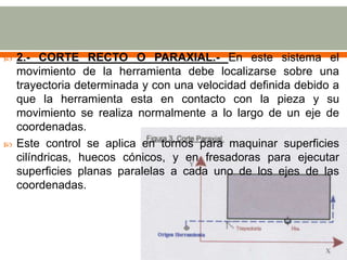  2.- CORTE RECTO O PARAXIAL.- En este sistema el
movimiento de la herramienta debe localizarse sobre una
trayectoria determinada y con una velocidad definida debido a
que la herramienta esta en contacto con la pieza y su
movimiento se realiza normalmente a lo largo de un eje de
coordenadas.
 Este control se aplica en tornos para maquinar superficies
cilíndricas, huecos cónicos, y en fresadoras para ejecutar
superficies planas paralelas a cada uno de los ejes de las
coordenadas.
 