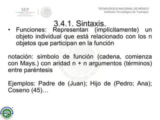 3.4.1. Sintaxis.
• Funciones: Representan (implícitamente) un
objeto individual que está relacionado con los n
objetos que participan en la función
notación: símbolo de función (cadena, comienza
con Mays.) con aridad n + n argumentos (términos)
entre paréntesis
Ejemplos: Padre de (Juan); Hijo de (Pedro; Ana);
Coseno (45)…
 