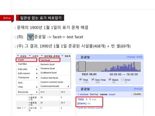 : 문제의 1900년 1월 1일의 표기 문제 해결
: (좌) 준공일 -> facet-> text facet
: (우) 그 결과, 1990년 1월 1일 준공된 시설물(408개) + 빈 셀(69개)
Refine
 
