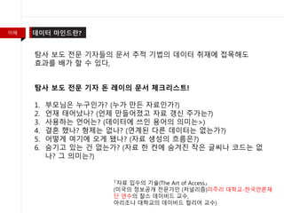 이해
탐사 보도 전문 기자 돈 레이의 문서 체크리스트!
1. 부모님은 누구인가? (누가 만든 자료인가?)
2. 언재 태어났나? (언제 만들어졌고 자료 갱신 주가는?)
3. 사용하는 언어는? (데이터에 쓰인 용어의 의미는>)
4. 결혼 했나? 형제는 없나? (연계된 다른 데이터는 없는가?)
5. 어떻게 여기에 오게 됐나? (자료 생성의 흐름은?)
6. 숨기고 있는 건 없는가? (자료 한 켠에 숨겨진 작은 글씨나 코드는 없
나? 그 의미는?)
『자료 입수의 기술(The Art of Access』
(미국의 정보공개 전문가인 (저널리즘)미주리 대학교-한국언론재
단 연수의 찰스 데이비드 교수,
아리조나 대학교의 데이비드 컬리어 교수)
탐사 보도 전문 기자들의 문서 추적 기법의 데이터 취재에 접목해도
효과를 배가 할 수 있다,
 