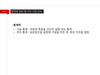 마무리 통계에 관한 몇 가지 기본 상식
통계학
• 기술 통계 : 자료의 특징을 간단히 설명 하는 통계
• 추리 통계 : 표본집단을 설정해 가설을 만든 후, 참과 거짓을 결정
 