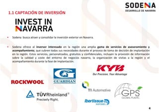 Sodena busca atraer y consolidar la inversión exterior en Navarra.
1.1 CAPTACIÓN DE INVERSIÓN
Sodena busca atraer y consolidar la inversión exterior en Navarra.
Sodena ofrece al inversor interesado en la región una amplia gama de servicios de asesoramiento y
acompañamiento, que cubren todas sus necesidades durante el proceso de toma de decisión de implantación
en la región. Estos servicios, personalizados, gratuitos y confidenciales, incluyen la provisión de información
sobre la calidad y coste del entorno de negocios navarro, la organización de visitas a la región y el
acompañamiento durante la fase de implantación.
4
 