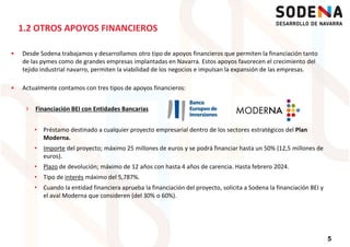 Desde Sodena trabajamos y desarrollamos otro tipo de apoyos financieros que permiten la financiación tanto
de las pymes como de grandes empresas implantadas en Navarra. Estos apoyos favorecen el crecimiento del
tejido industrial navarro, permiten la viabilidad de los negocios e impulsan la expansión de las empresas.
1.2 OTROS APOYOS FINANCIEROS
Actualmente contamos con tres tipos de apoyos financieros:
› Financiación BEI con Entidades Bancarias
• Préstamo destinado a cualquier proyecto empresarial dentro de los sectores estratégicos del Plan
Moderna.
• Importe del proyecto; máximo 25 millones de euros y se podrá financiar hasta un 50% (12,5 millones de
euros).
• Plazo de devolución; máximo de 12 años con hasta 4 años de carencia. Hasta febrero 2024.
5
• Plazo de devolución; máximo de 12 años con hasta 4 años de carencia. Hasta febrero 2024.
• Tipo de interés máximo del 5,787%.
• Cuando la entidad financiera aprueba la financiación del proyecto, solicita a Sodena la financiación BEI y
el aval Moderna que consideren (del 30% o 60%).
 