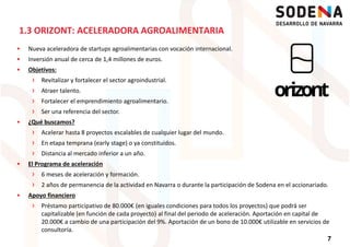 Nueva aceleradora de startups agroalimentarias con vocación internacional.
Inversión anual de cerca de 1,4 millones de euros.
Objetivos:
› Revitalizar y fortalecer el sector agroindustrial.
1.3 ORIZONT: ACELERADORA AGROALIMENTARIA
› Revitalizar y fortalecer el sector agroindustrial.
› Atraer talento.
› Fortalecer el emprendimiento agroalimentario.
› Ser una referencia del sector.
¿Qué buscamos?
› Acelerar hasta 8 proyectos escalables de cualquier lugar del mundo.
› En etapa temprana (early stage) o ya constituidos.
› Distancia al mercado inferior a un año.
El Programa de aceleración
7
El Programa de aceleración
› 6 meses de aceleración y formación.
› 2 años de permanencia de la actividad en Navarra o durante la participación de Sodena en el accionariado.
Apoyo financiero
› Préstamo participativo de 80.000€ (en iguales condiciones para todos los proyectos) que podrá ser
capitalizable (en función de cada proyecto) al final del periodo de aceleración. Aportación en capital de
20.000€ a cambio de una participación del 9%. Aportación de un bono de 10.000€ utilizable en servicios de
consultoría.
 